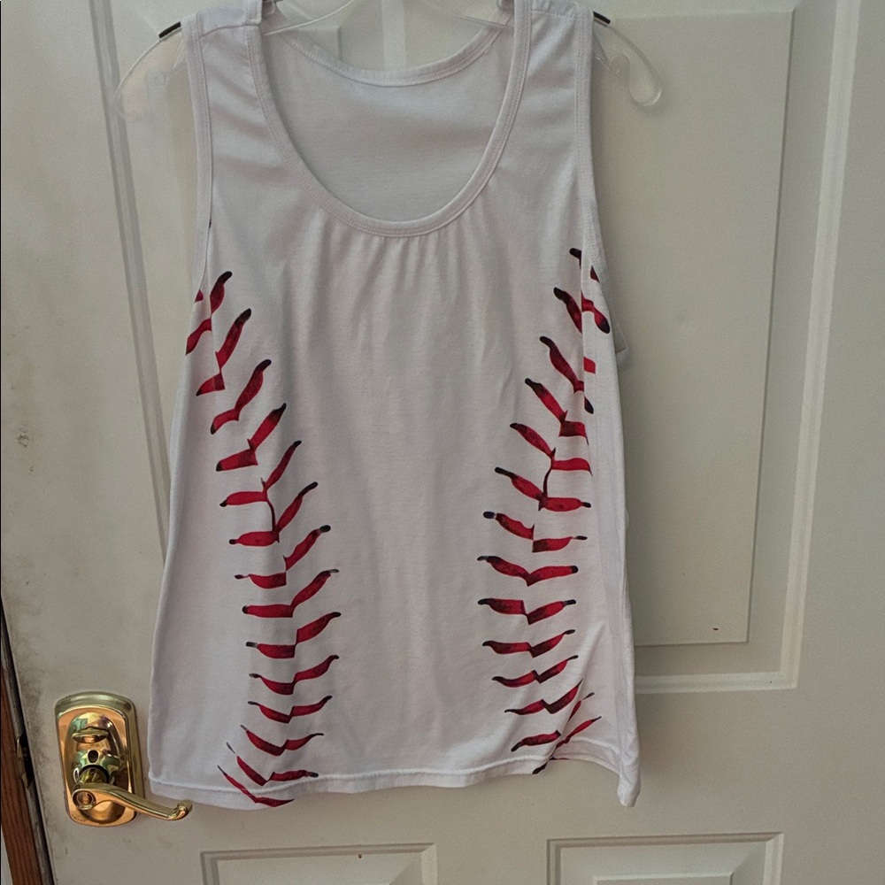 White Tank Top with Red Baseball Stitch Design